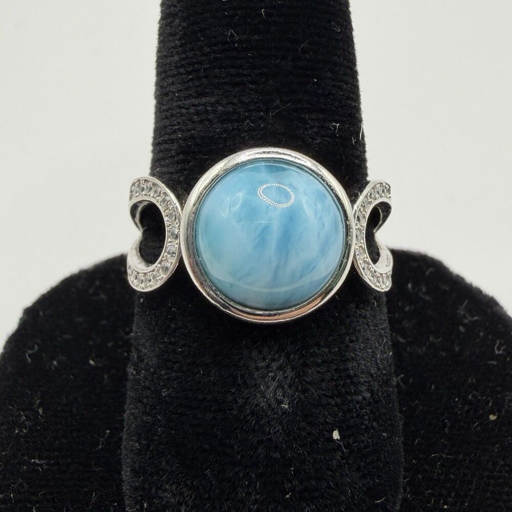 925 Sterling Silver Larimar Blue Cabochon Statement Ring Openwork Size 8 US
